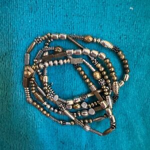 Multi-Bead Silver-Tone Women's Stretch Bracelet Set. Five strands